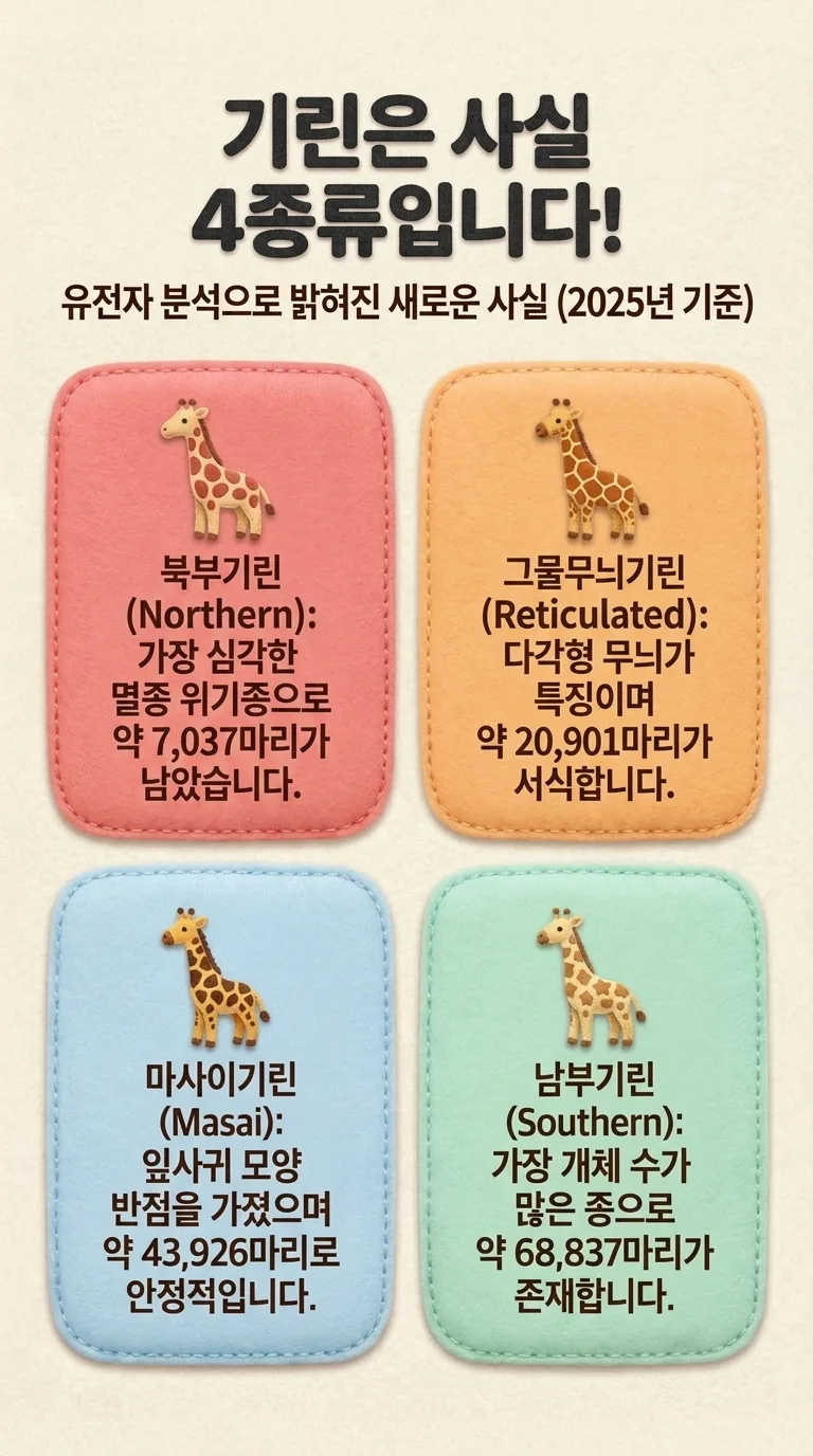 기린은 사실 4종류입니다! — 유전자 분석으로 밝혀진 새로운 사실 (2025년 기준) — 북부기린(Northern) / 그물무늬기린(Reticulated) / 마사이기린(Masai) / 남부기린(Southern)