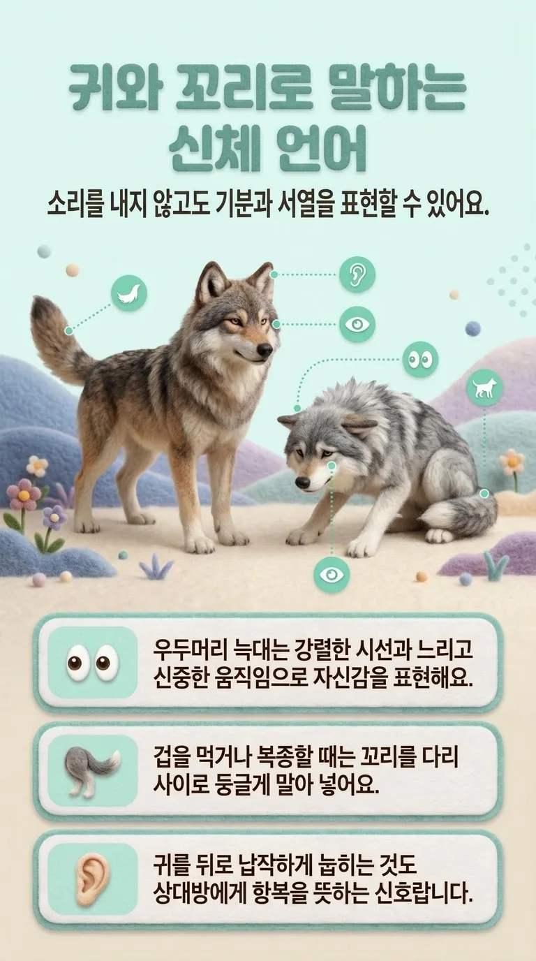 귀와 꼬리로 말하는 신체 언어 — 소리를 내지 않고도 기분과 서열을 표현할 수 있어요.