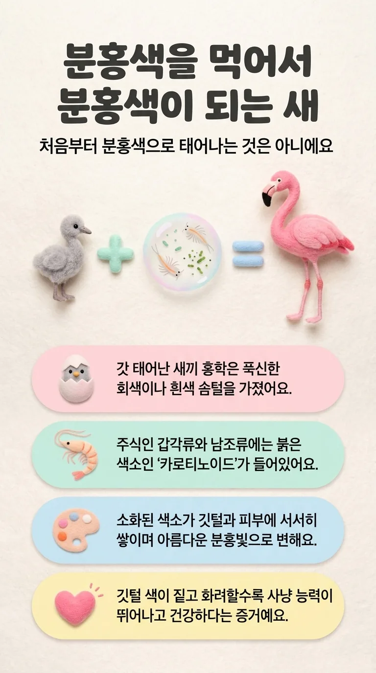 분홍색을 먹어서 분홍색이 되는 새 — 처음부터 분홍색으로 태어나는 것은 아니에요
