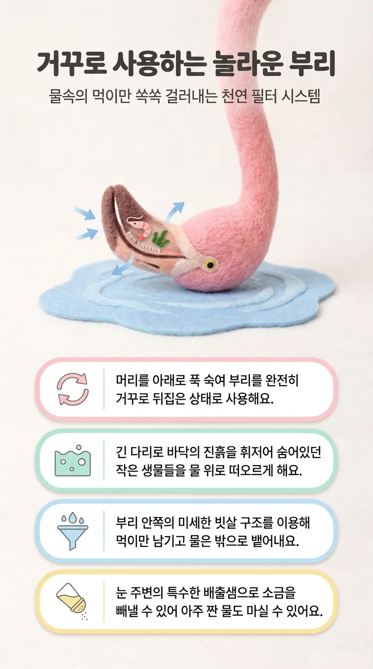 거꾸로 사용하는 놀라운 부리 — 물속의 먹이만 쏙쏙 걸러내는 천연 필터 시스템
