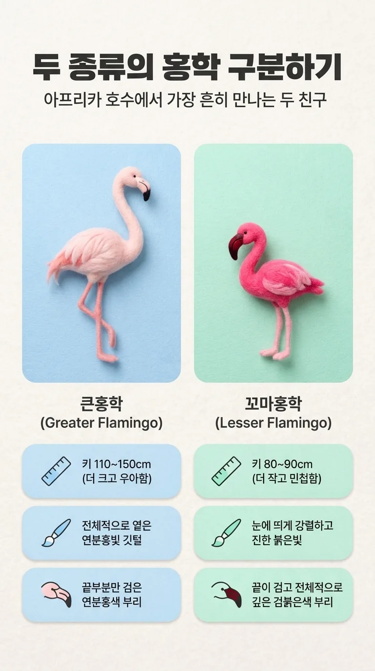 두 종류의 홍학 구분하기 — 아프리카 호수에서 가장 흔히 만나는 두 친구 — 큰홍학(Greater Flamingo) / 꼬마홍학(Lesser Flamingo)