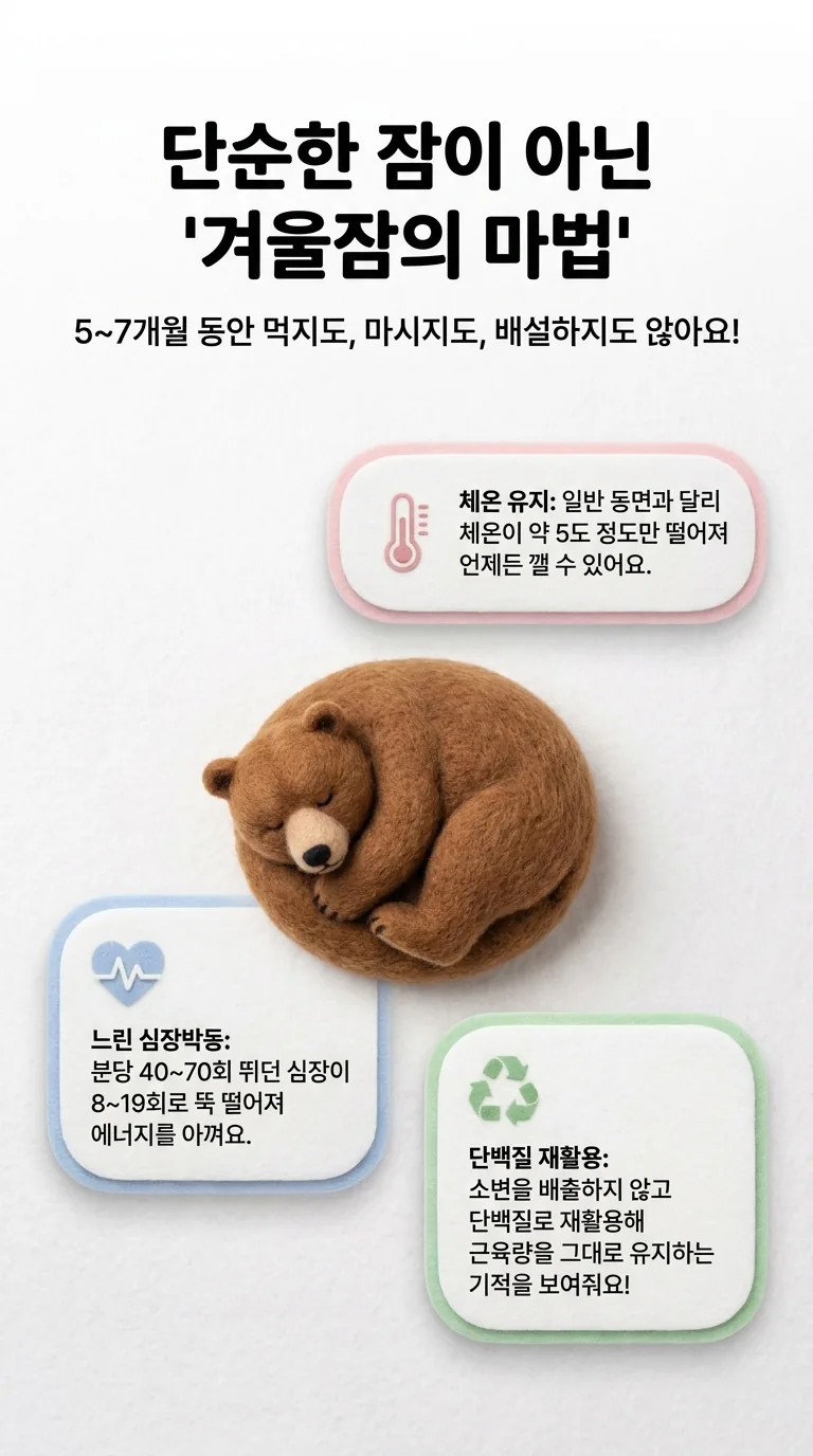 단순한 잠이 아닌 '겨울잠의 마법' — 5 ~ 7개월 동안 먹지도, 마시지도, 배설하지도 않아요! — 체온 유지 / 느린 심장박동 / 단백질 재활용