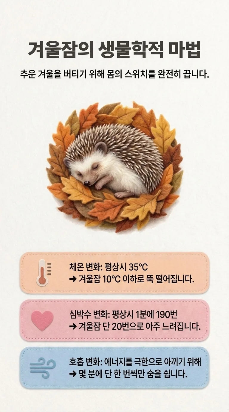 겨울잠의 생물학적 마법 — 추운 겨울을 버티기 위해 몸의 스위치를 완전히 끕니다. — 체온 변화 / 심박수 변화 / 호흡 변화