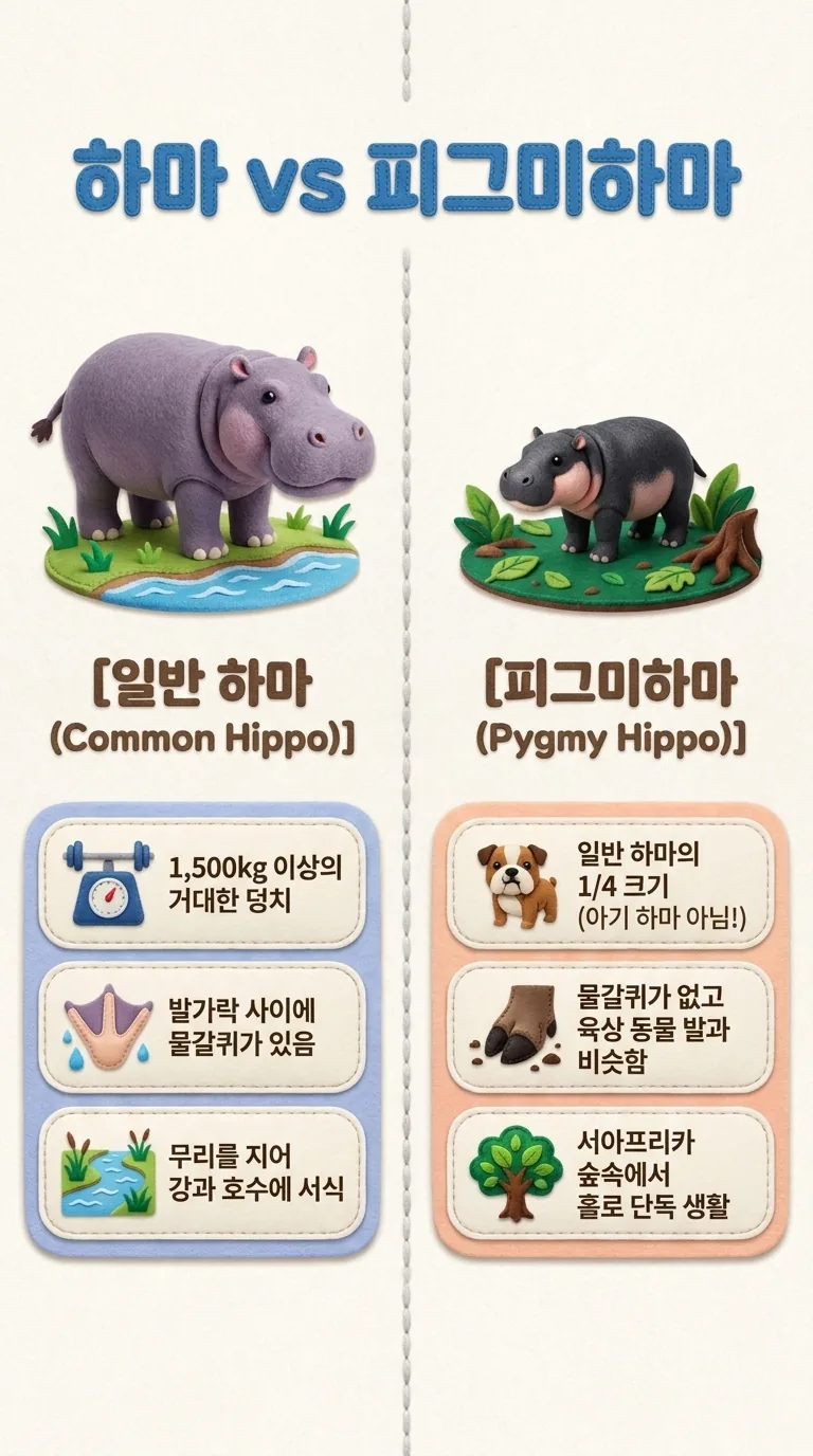 하마 vs 피그미하마 — 일반 하마(Common Hippo) / 피그미하마(Pygmy Hippo)