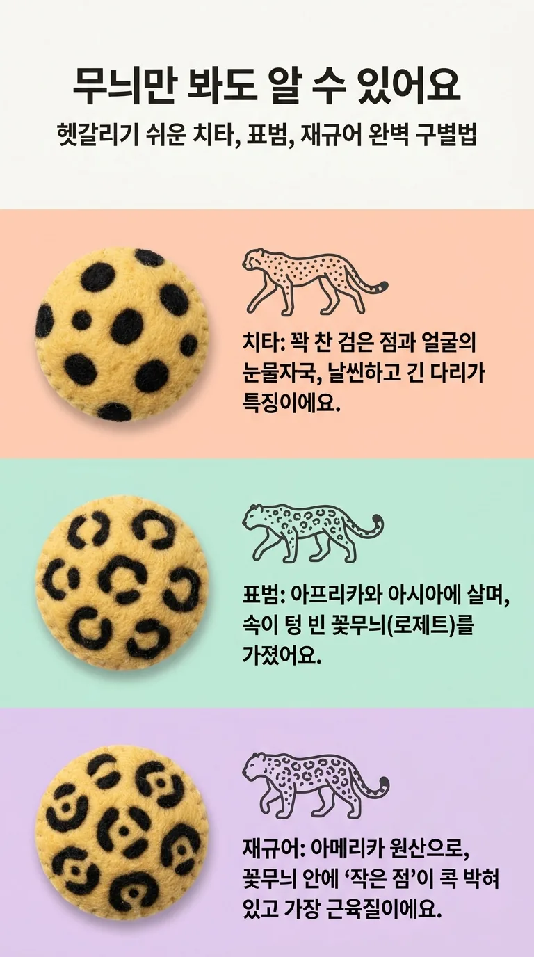 무늬만 봐도 알 수 있어요 — 헷갈리기 쉬운 치타, 표범, 재규어 완벽 구별법 — 치타 / 표범 / 재규어
