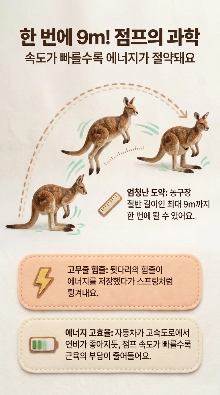 한 번에 9m! 점프의 과학 — 속도가 빠를수록 에너지가 절약돼요 — 엄청난 도약 / 고무줄 힘줄 / 에너지 고효율