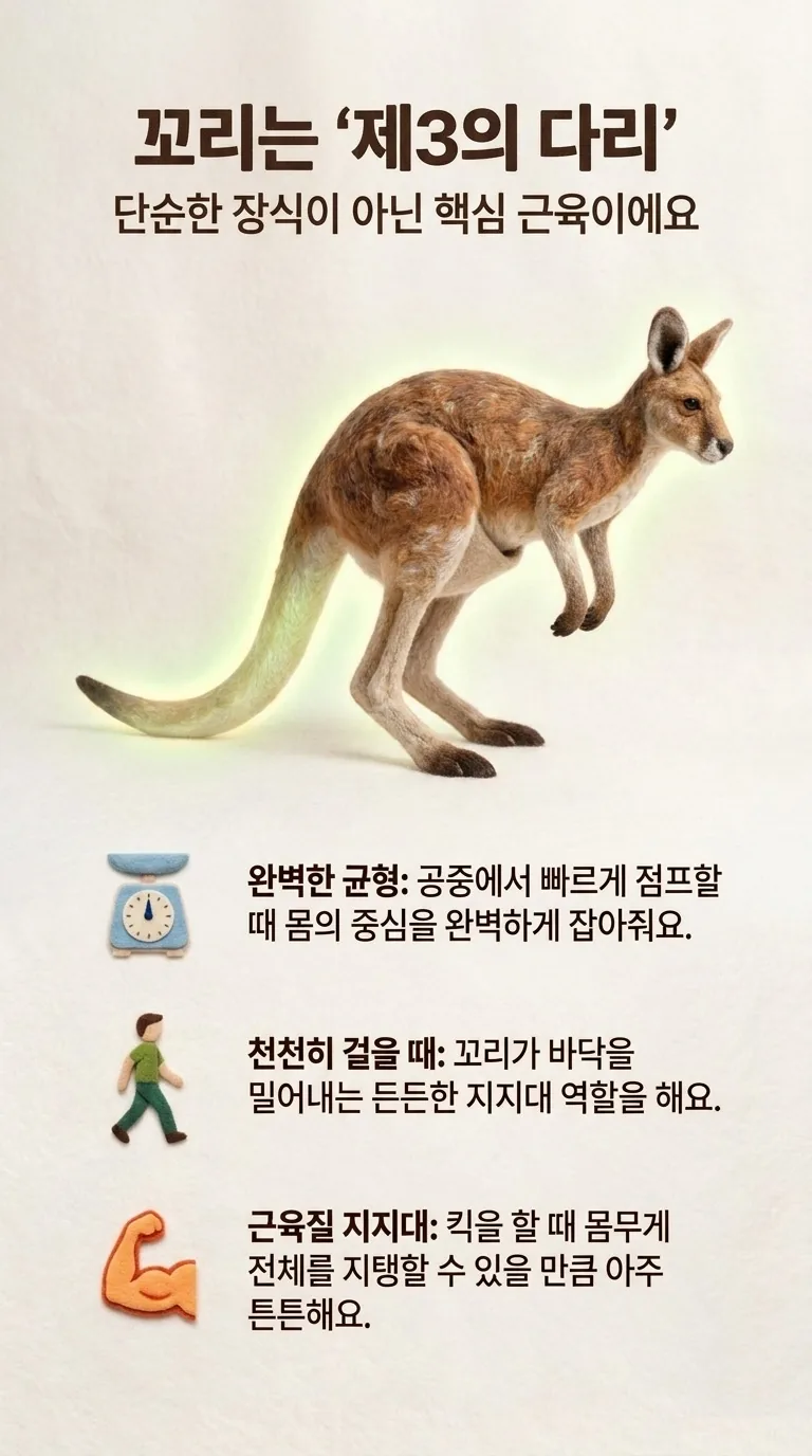 꼬리는 '제3의 다리' — 단순한 장식이 아닌 핵심 근육이에요 — 완벽한 균형 / 천천히 걸을 때 / 근육질 지지대
