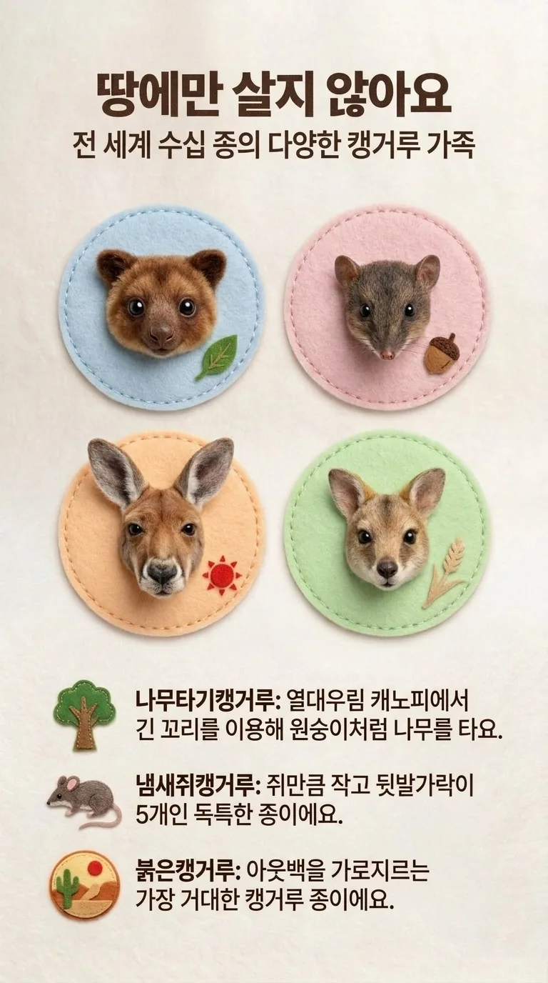 땅에만 살지 않아요 — 전 세계 수십 종의 다양한 캥거루 가족 — 나무타기캥거루 / 냄새주캥거루 / 붉은캥거루
