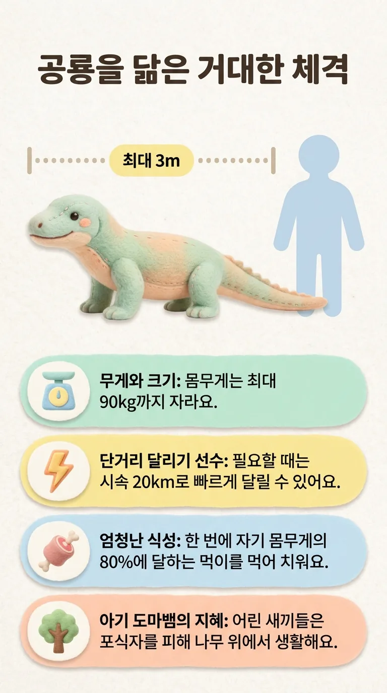 공룡을 닮은 거대한 체격 — 무게와 크기 / 단거리 달리기 선수 / 엄청난 식성 / 아기 도마뱀의 지혜