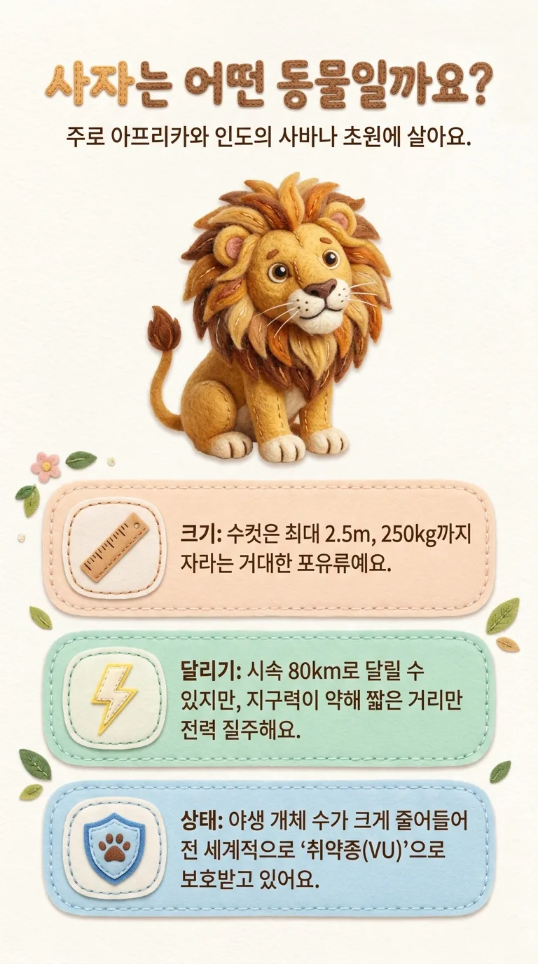 사자는 어떤 동물일까요? — 주로 아프리카와 인도의 사바나 초원에 살아요. — 크기 / 달리기 / 상태