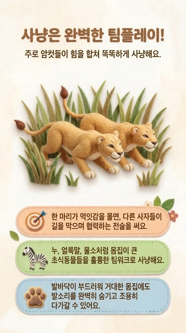 사냥은 완벽한 팀플레이! — 주로 암컷들이 힘을 합쳐 똑똑하게 사냥해요.