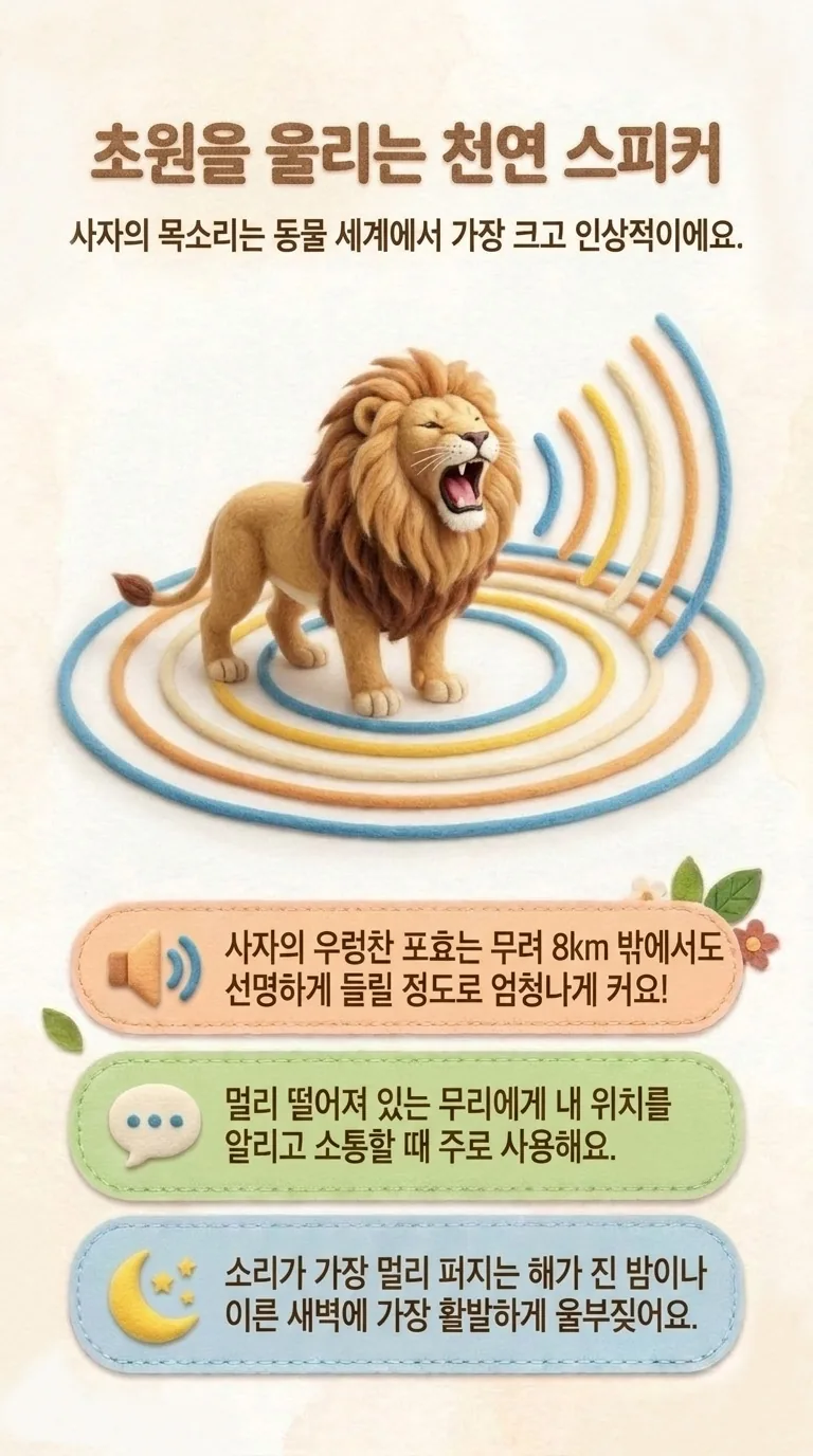 초원을 울리는 천연 스피커 — 사자의 목소리는 동물 세계에서 가장 크고 인상적이에요.