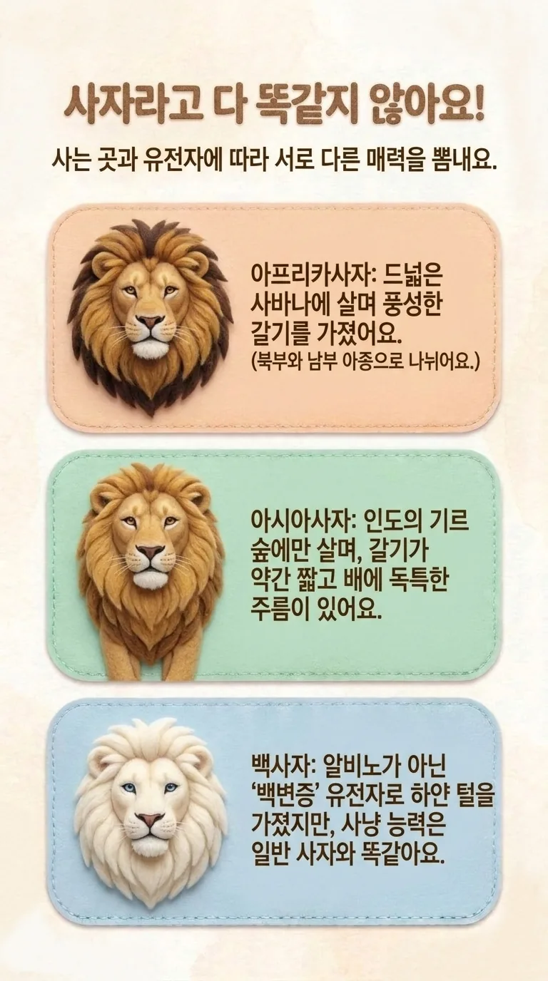 사자라고 다 똑같지 않아요! — 사는 곳과 유전자에 따라 서로 다른 매력을 뽐내요. — 아프리카 사자 / 아시아 사자 / 백사자