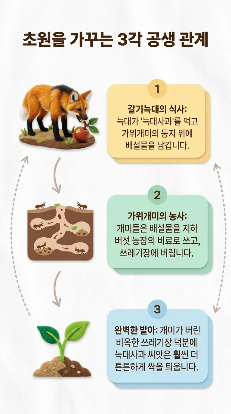 초원을 가꾸는 3각 공생 관계 — 갈기늑대의 식사 / 가위개미의 농사 / 완벽한 발아