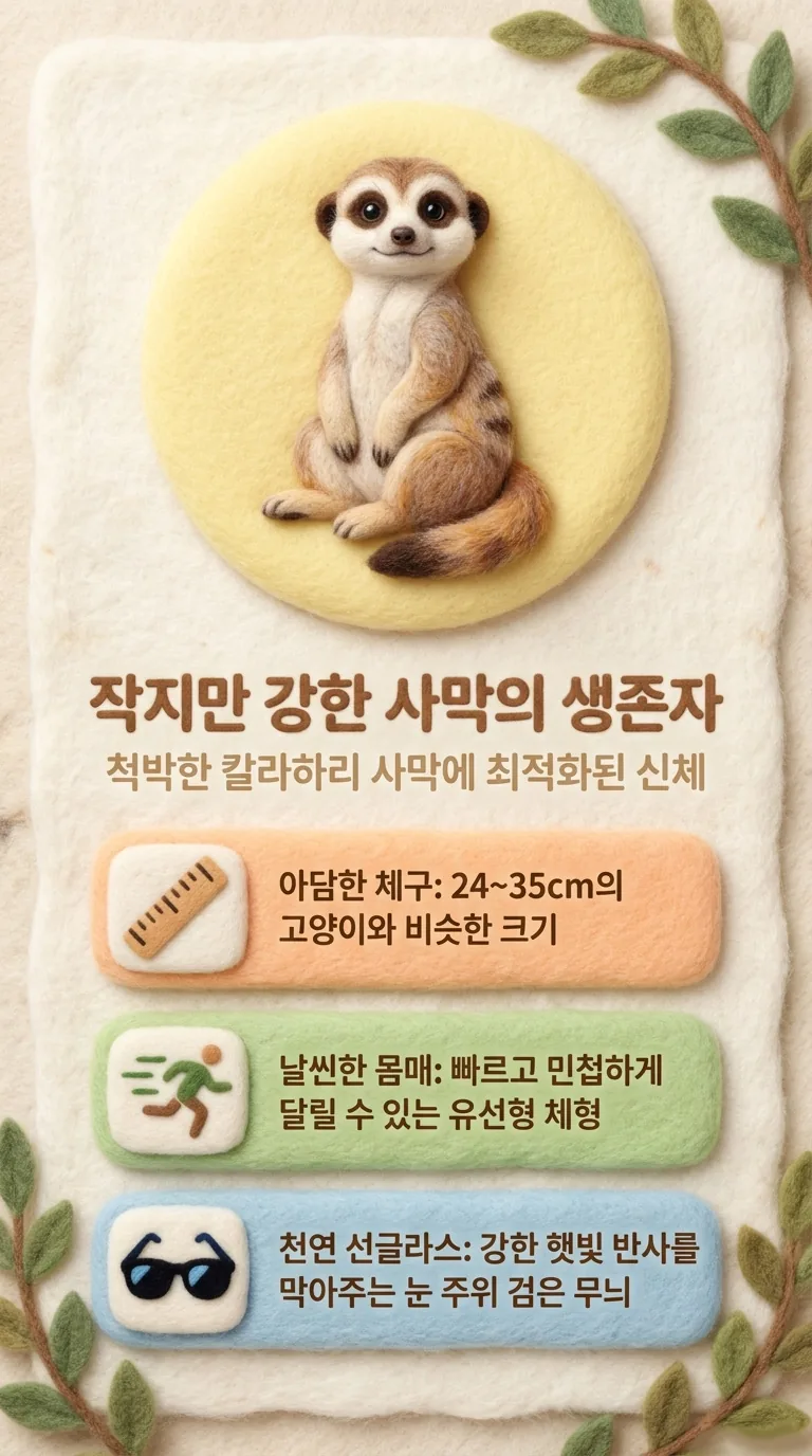 작지만 강한 사막의 생존자 — 척박한 칼라하리 사막에 최적화된 신체 — 아담한 체구 / 날씬한 몸매 / 천연 선글라스