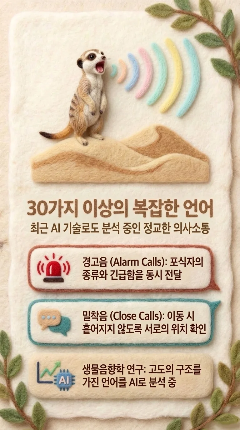 30가지 이상의 복잡한 언어 — 최근 AI 기술로도 분석 중인 정교한 의사소통 — 경고음 (Alarm Calls) / 밀착음 (Close Calls) / 생물음향학 연구