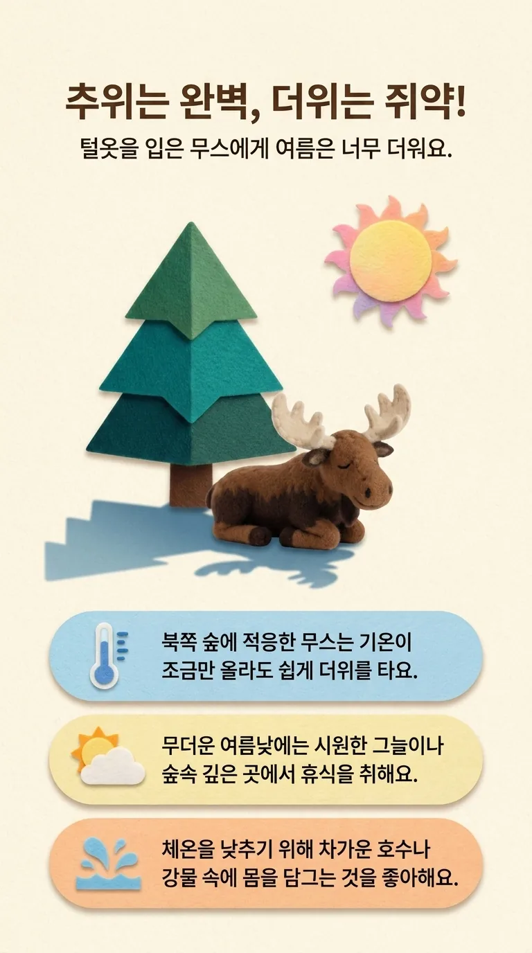 추위는 완벽, 더위는 쥐약! — 털옷을 입은 무스에게 여름은 너무 더워요.
