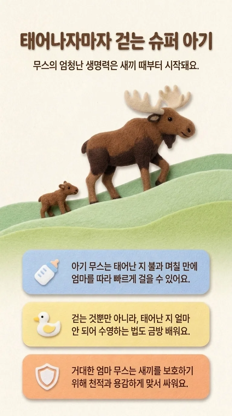 태어나자마자 걷는 슈퍼 아기 — 무스의 엄청난 생명력은 새끼 때부터 시작돼요.