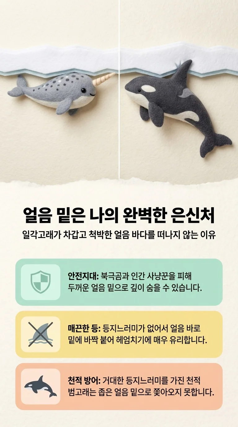 얼음 밑은 나의 완벽한 은신처 — 일각고래가 차갑고 척박한 얼음 바다를 떠나지 않는 이유 — 안전지대 / 매끈한 등 / 천적 방어