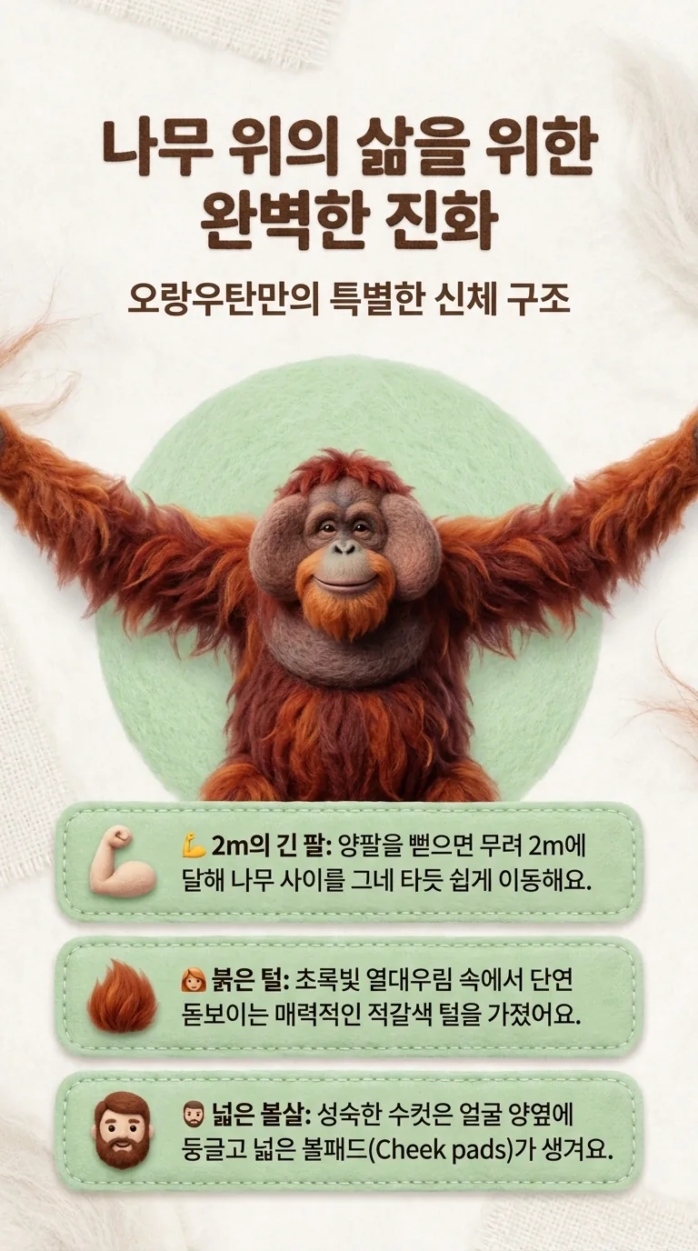 나무 위의 삶을 위한 완벽한 진화 — 오랑우탄만의 특별한 신체 구조 — 2m의 긴 팔 / 붉은 털 / 넓은 볼살