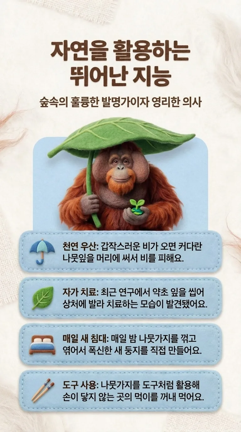 자연을 활용하는 뛰어난 지능 — 숲속의 훌륭한 발명가이자 영리한 의사 — 천연 우산 / 자가 치료 / 매일 새 침대 / 도구 사용