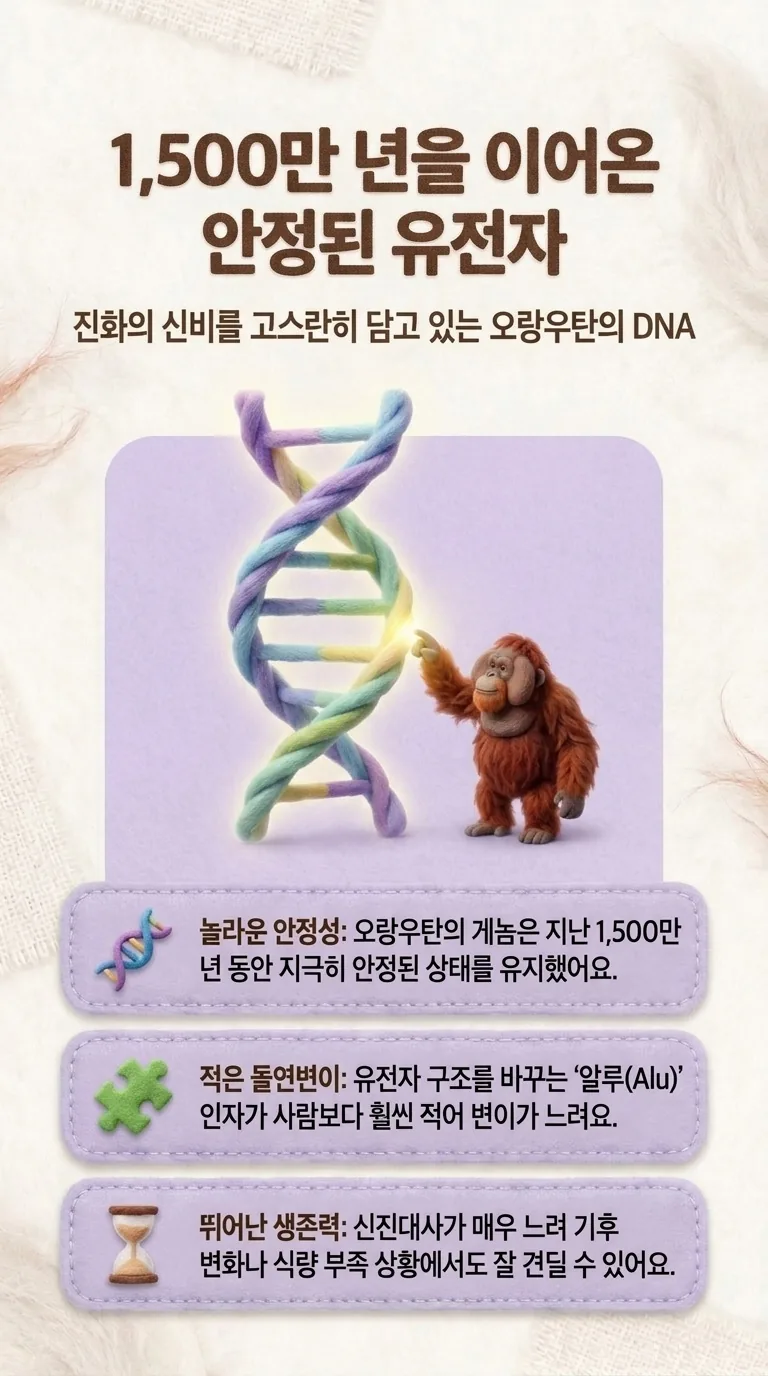 1,500만 년을 이어온 안정된 유전자 — 진화의 신비를 고스란히 담고 있는 오랑우탄의 DNA — 놀라운 안정성 / 적은 돌연변이 / 뛰어난 생존력