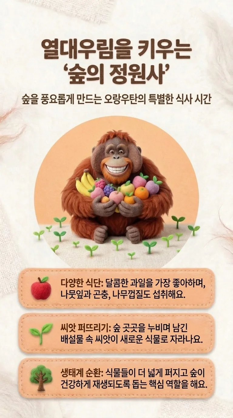 열대우림을 키우는 '숲의 정원사' — 숲을 풍요롭게 만드는 오랑우탄의 특별한 식사 시간 — 다양한 식단 / 씨앗 퍼뜨리기 / 생태계 순환