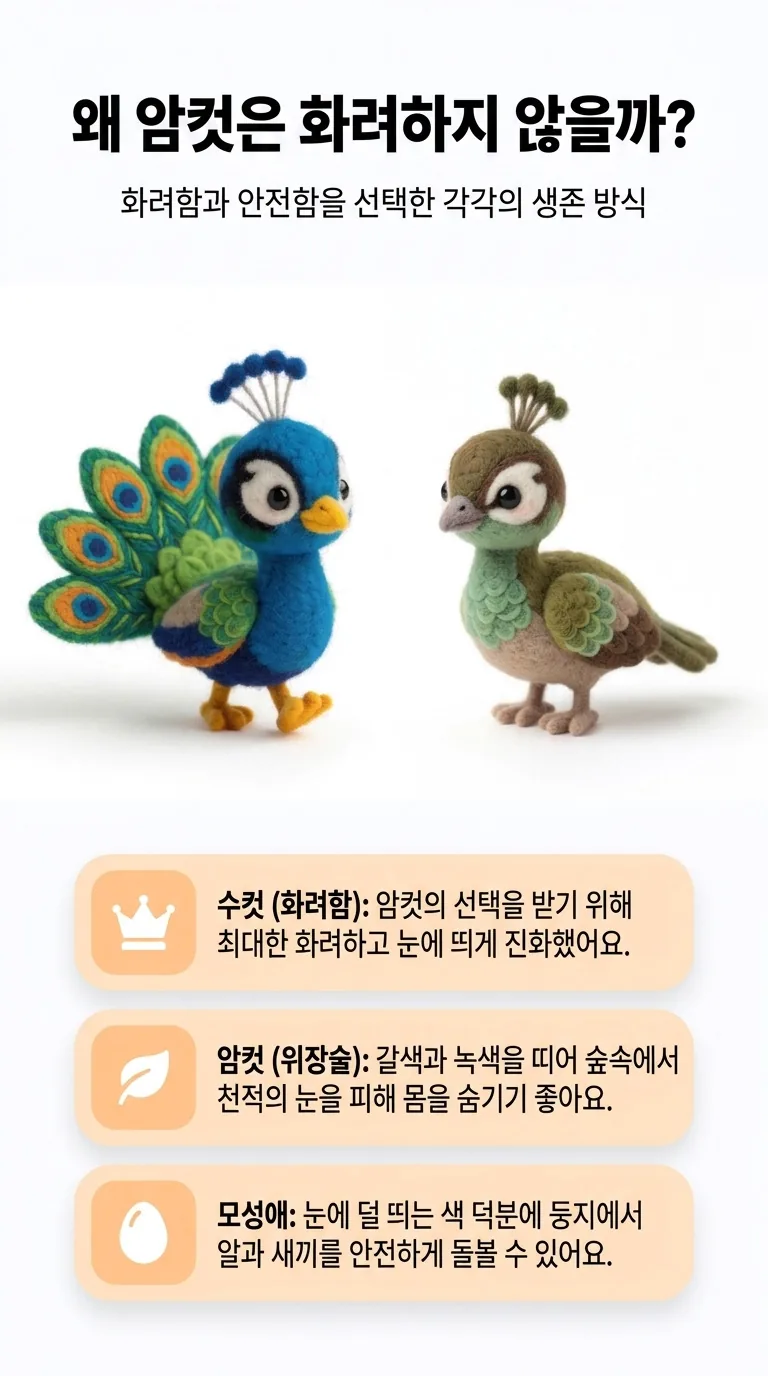 왜 암컷은 화려하지 않을까? — 화려함과 안전함을 선택한 각각의 생존 방식 — 수컷 (화려함) / 암컷 (위장술) / 모성애