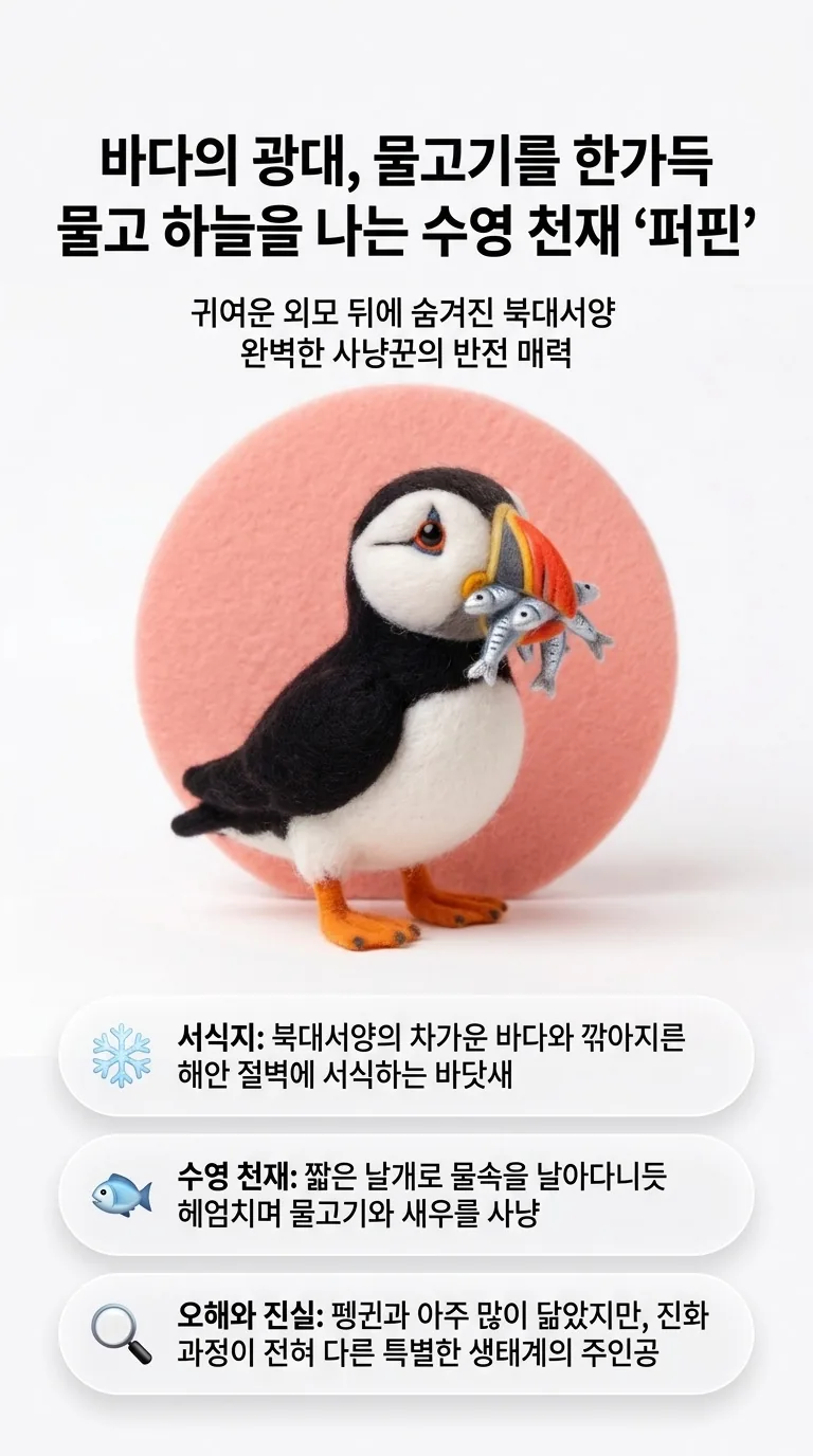 바다의 광대, 물고기를 한가득 물고 하늘을 나는 수영 천재 퍼핀' — 귀여운 외모 뒤에 숨겨진 북대서양 완벽한 사냥꾼의 반전 매력 — 서식지 / 수영 천재 / 오해와 진실