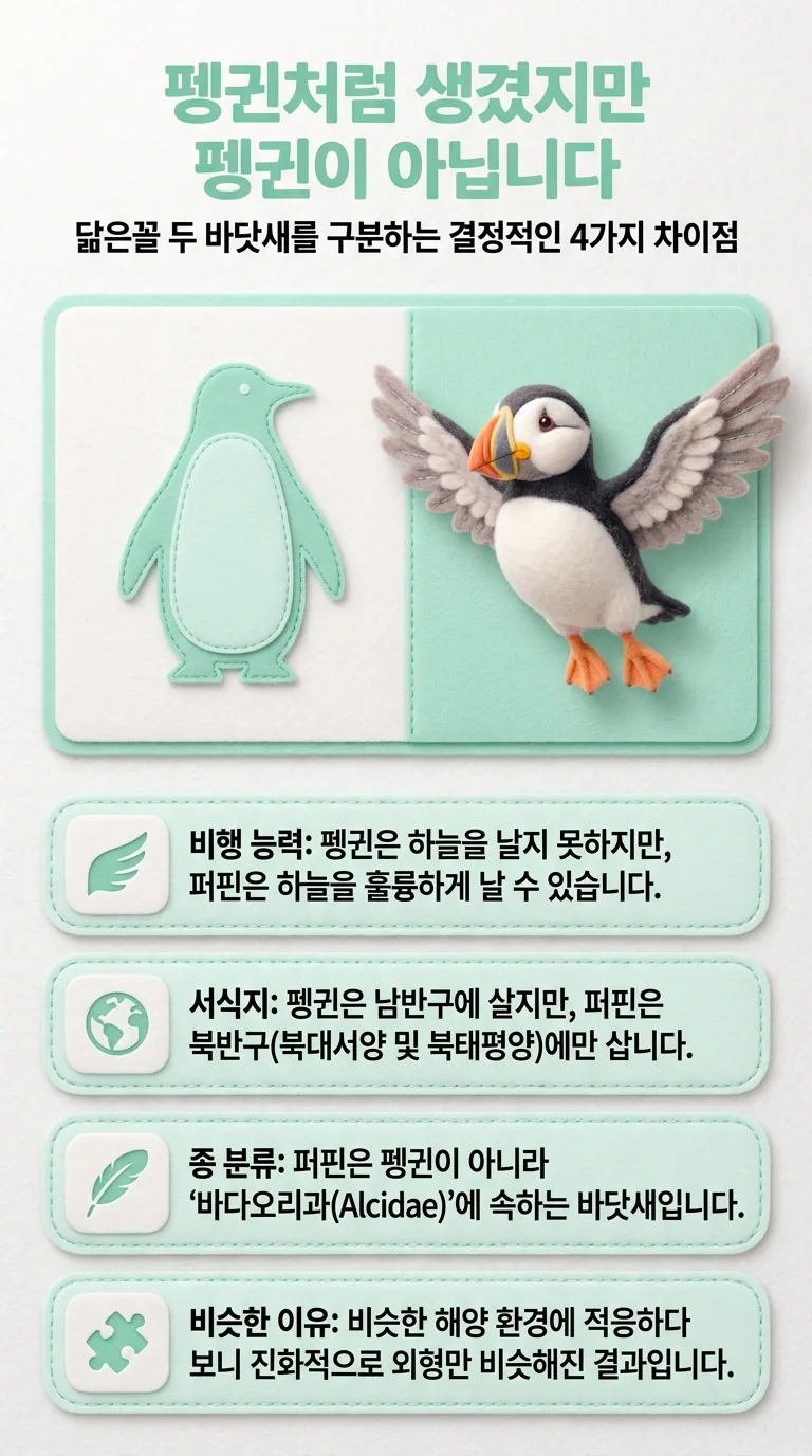펭귄처럼 생겼지만 펭귄이 아닙니다 — 닮은꼴 두 바닷새를 구분하는 결정적인 4가지 차이점 — 비행 능력 / 서식지 / 종 분류 / 비슷한 이유