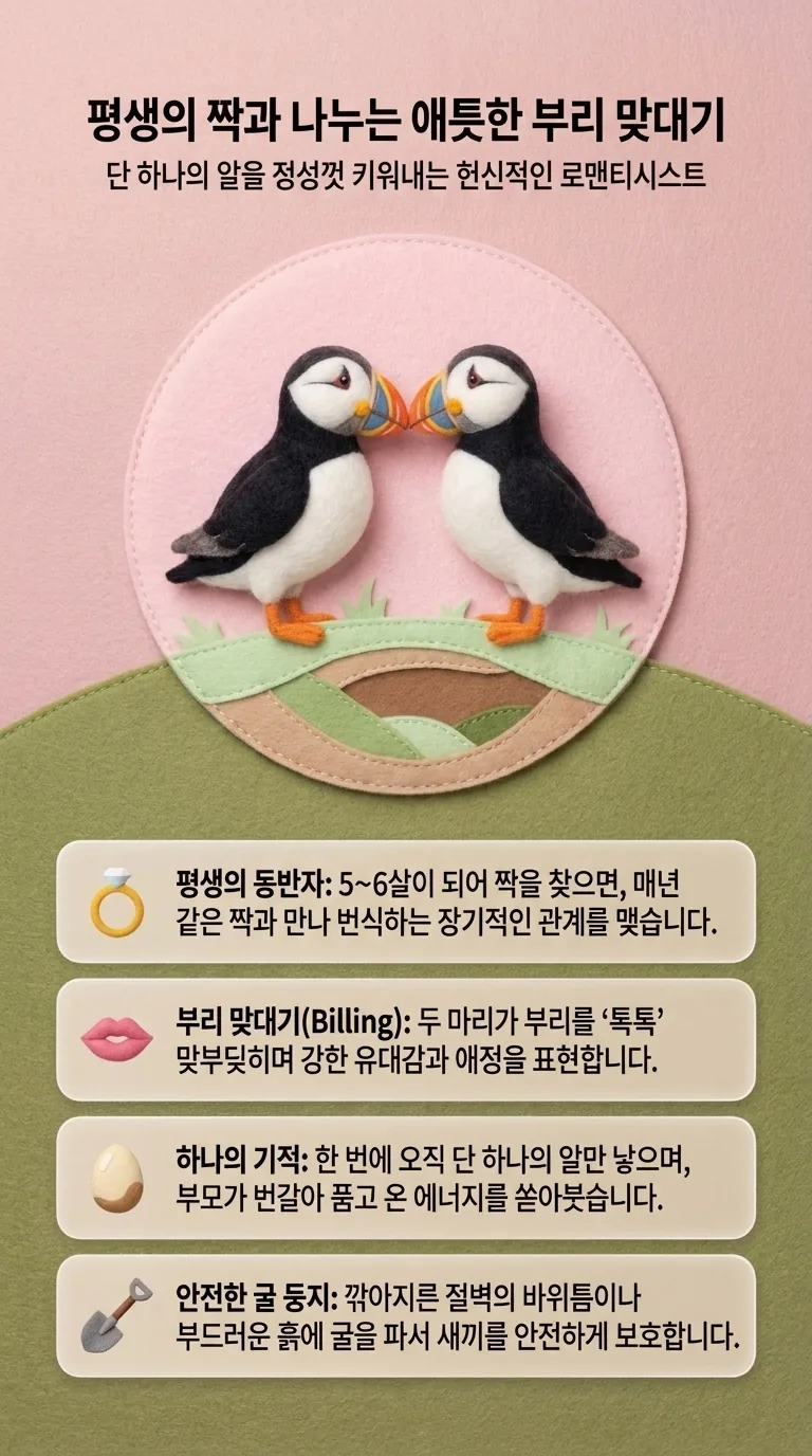 평생의 짝과 나누는 애틋한 부리 맞대기 — 단 하나의 알을 정성껏 키워내는 헌신적인 로맨티시스트 — 평생의 동반자 / 부리 맞대기(Biling) / 하나의 기적 / 안전한 굴 둥지