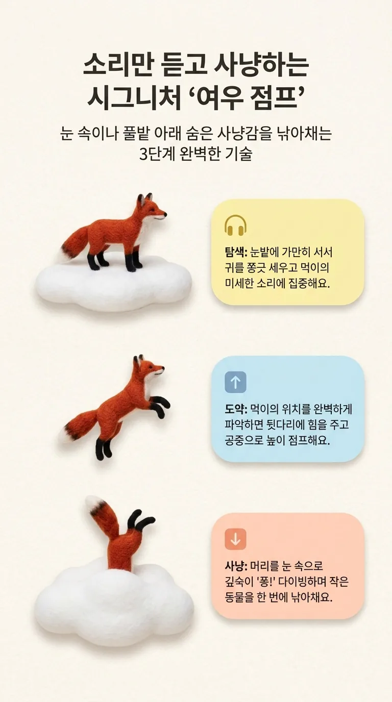 소리만 듣고 사냥하는 시그니처 '여우 점프' — 눈 속이나 풀밭 아래 숨은 사냥감을 낚아채는 3단계 완벽한 기술 — 탐색 / 도약 / 사냥