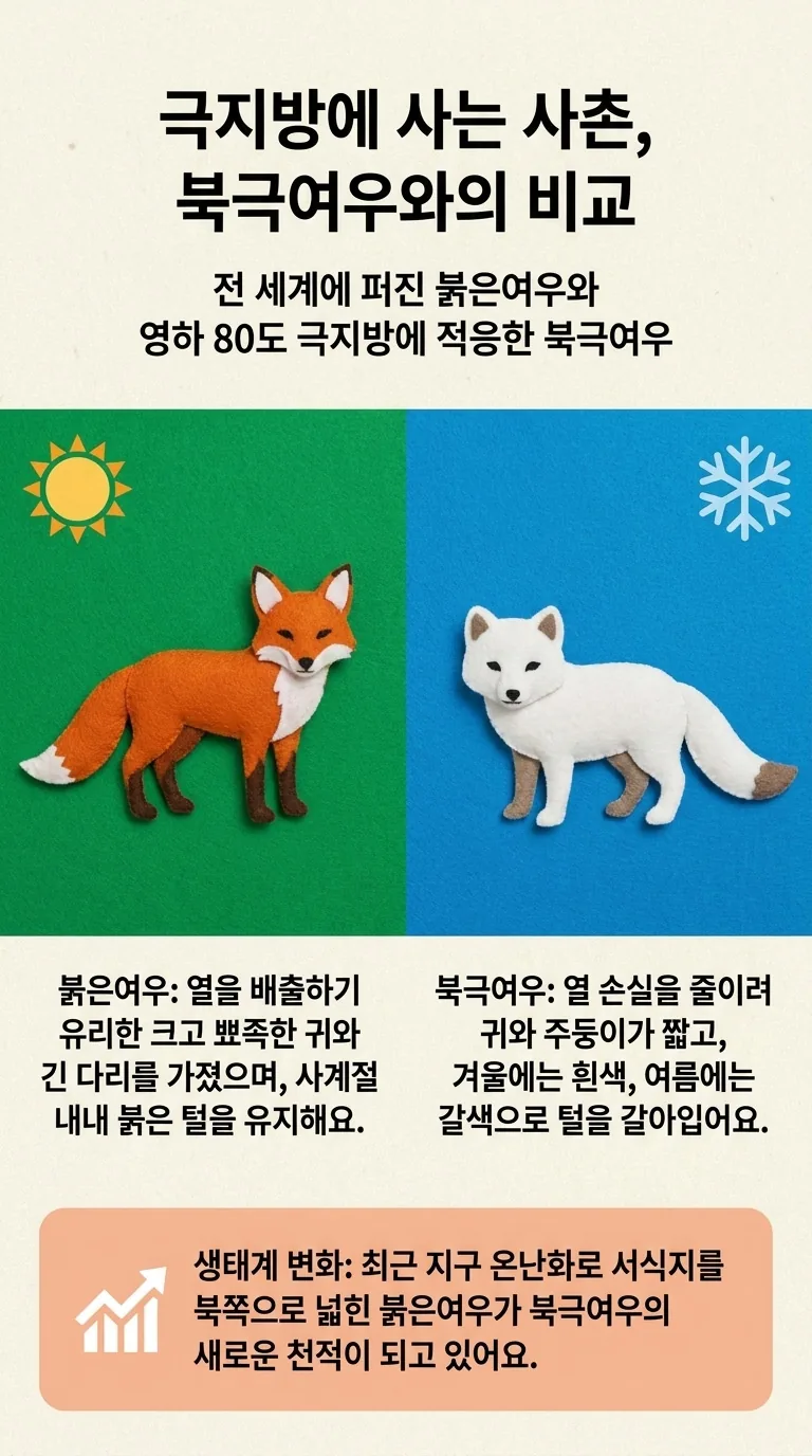극지방에 사는 사촌, 북극여우와의 비교 — 전 세계에 퍼진 붉은여우와 영하 80도 극지방에 적응한 북극여우 — 붉은여우 / 북극여우