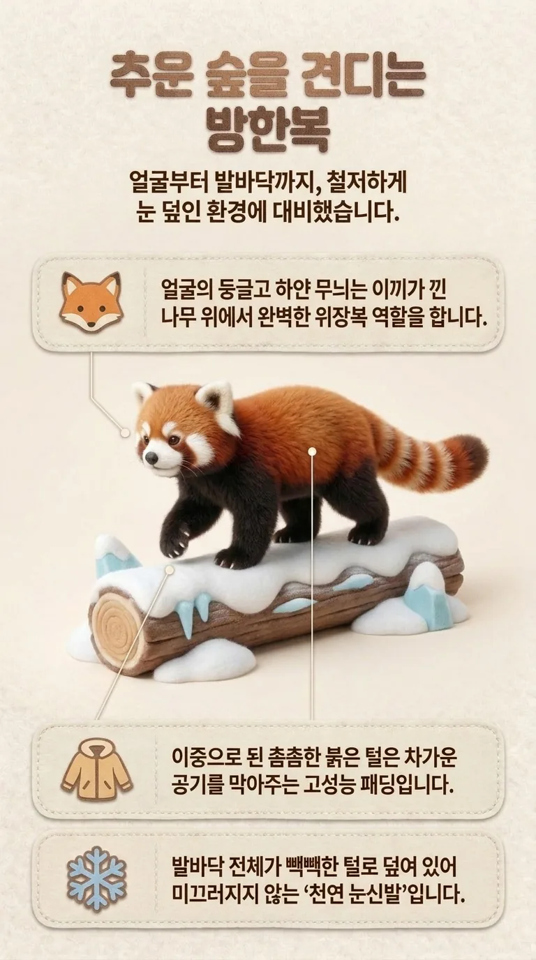 추운 숲을 견디는 방한복 — 얼굴부터 발바닥까지, 철저하게 눈 덮인 환경에 대비했습니다.