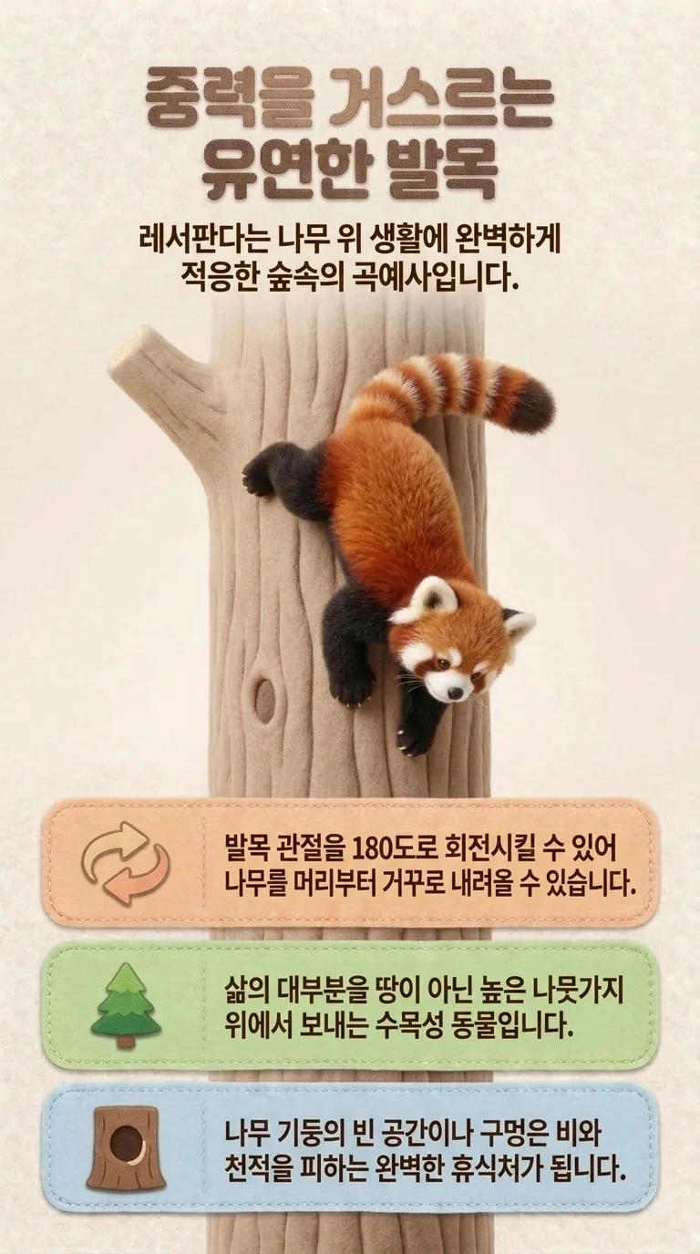 중력을 거스르는 유연한 발목 — 레서판다는 나무 위 생활에 완벽하게 적응한 숲속의 곡예사입니다.
