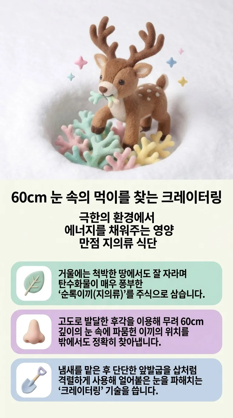 60cm 눈 속의 먹이를 찾는 크레이터링 — 극한의 환경에서 에너지를 채워주는 영양 만점 지의류 식단
