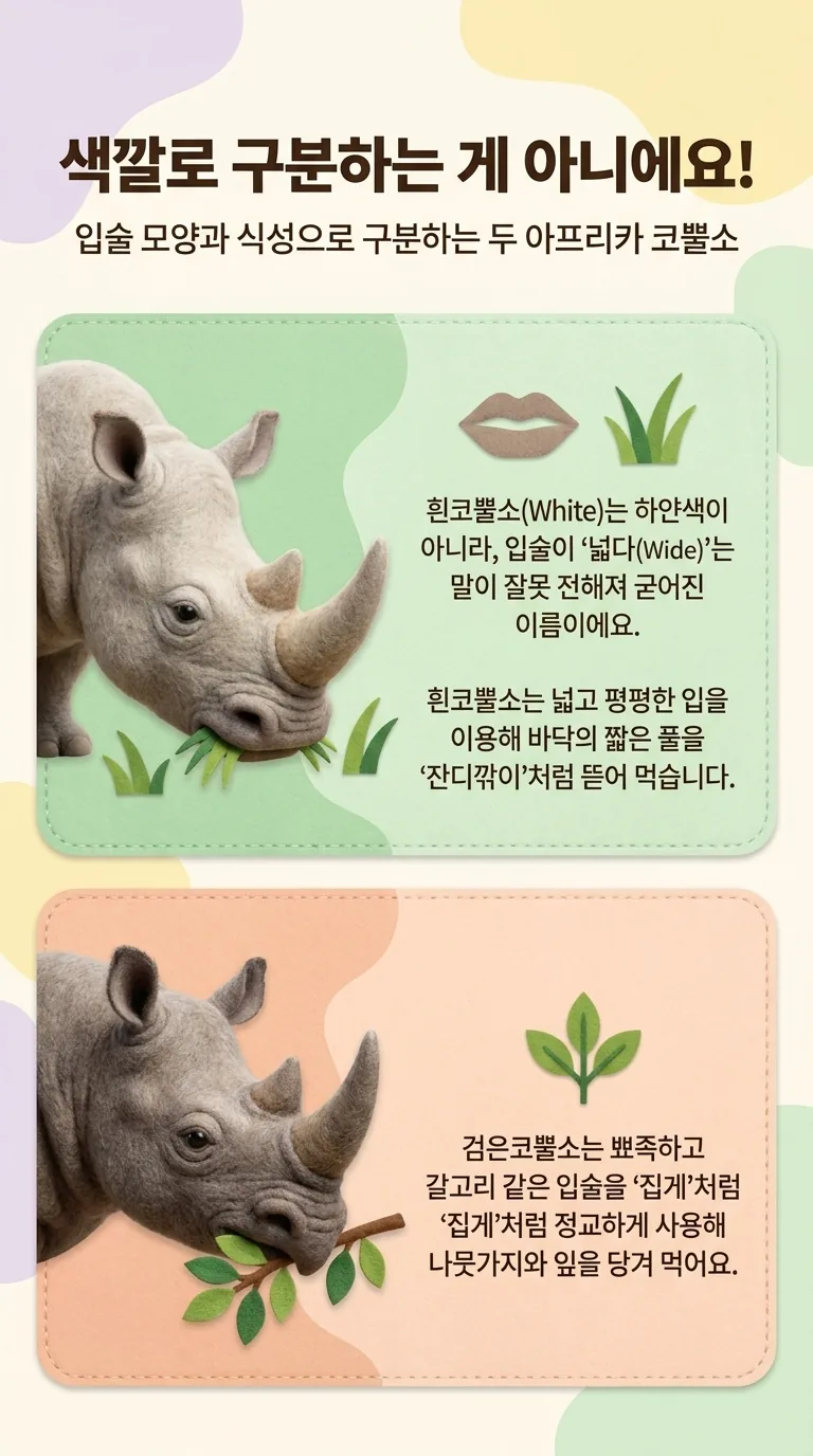색깔로 구분하는 게 아니에요! — 입술 모양과 식성으로 구분하는 두 아프리카 코뿔소