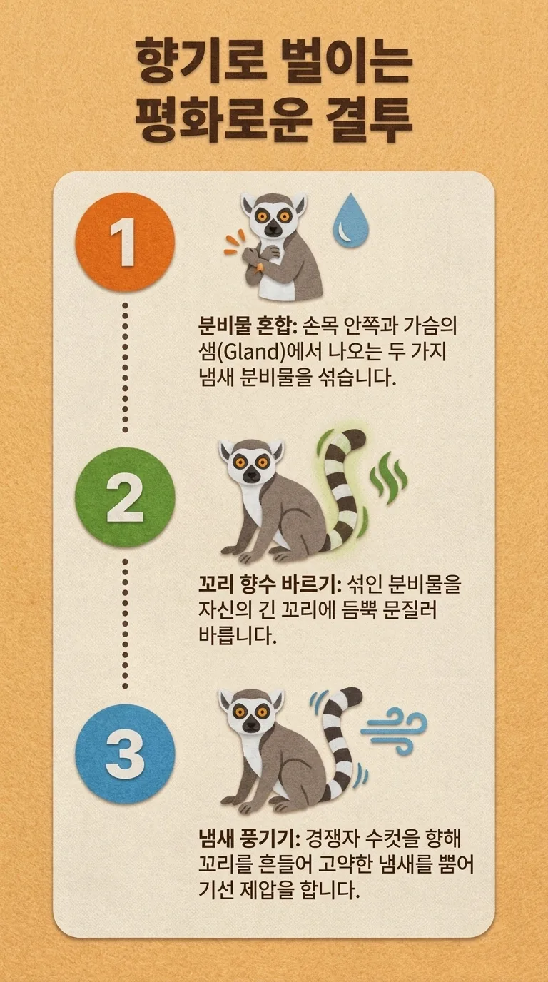 향기로 벌이는 평화로운 결투 — 분비물 혼합 / 꼬리 향수 바르기 / 냄새 풍기기