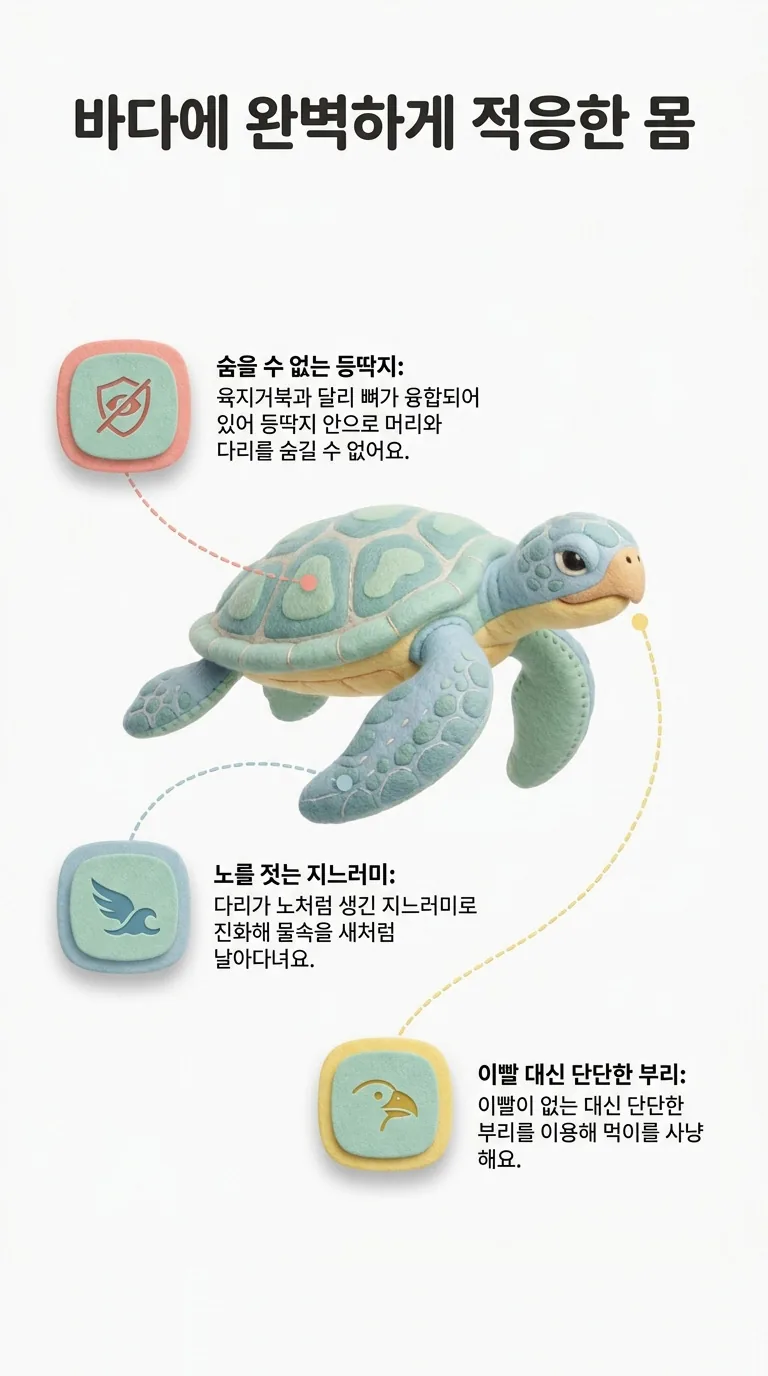 바다에 완벽하게 적응한 몸 — 숨을 수 없는 등딱지 / 노를 젓는 지느러미 / 이빨 대신 단단한 부리