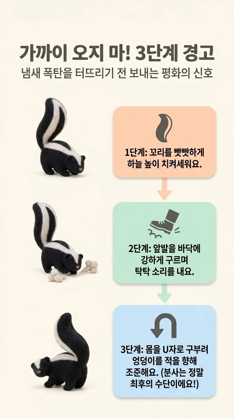 가까이 오지 마! 3단계 경고 — 냄새 폭탄을 터뜨리기 전 보내는 평화의 신호 — 1단계 / 2단계 / 3단계
