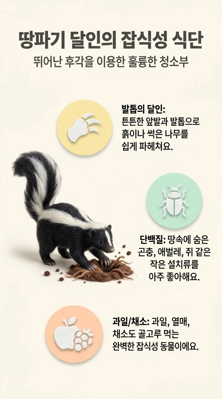 땅파기 달인의 잡식성 식단 — 뛰어난 후각을 이용한 훌륭한 청소부 — 발톱의 달인 / 단백질 / 과일/채소