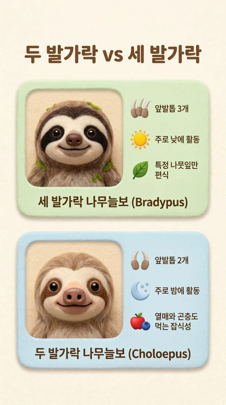 두 발가락 vs 세 발가락 — 세 발가락 나무늘보 (Bradypus) / 두 발가락 나무늘보 (Choloepus)