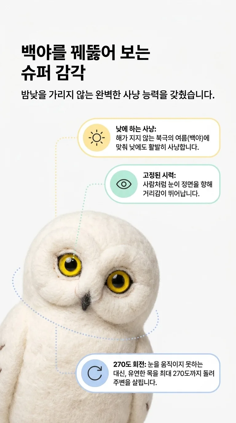 백야를 꿰뚫어 보는 슈퍼 감각 — 밤낮을 가리지 않는 완벽한 사냥 능력을 갖췄습니다. — 낮에 하는 사냥 / 고정된 시력 / 270도 회전