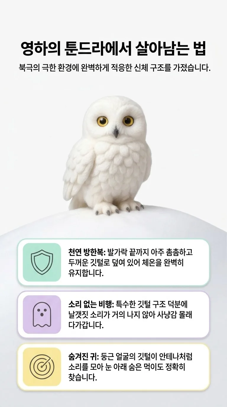 영하의 툰드라에서 살아남는 법 — 북극의 극한 환경에 완벽하게 적응한 신체 구조를 가졌습니다. — 천연 방한복 / 소리 없는 비행 / 숨겨진 귀