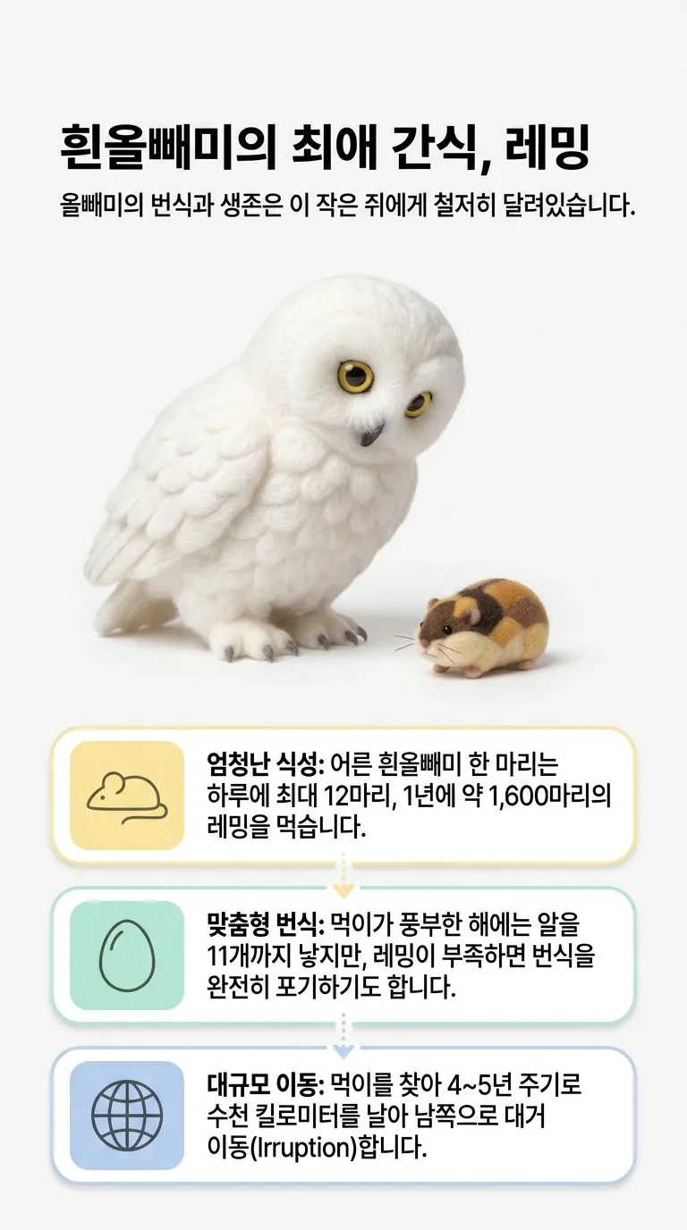 흰올빼미의 최애 간식, 레밍 — 올빼미의 번식과 생존은 이 작은 쥐에게 철저히 달려있습니다. — 엄청난 식성 / 맞춤형 번식 / 대규모 이동