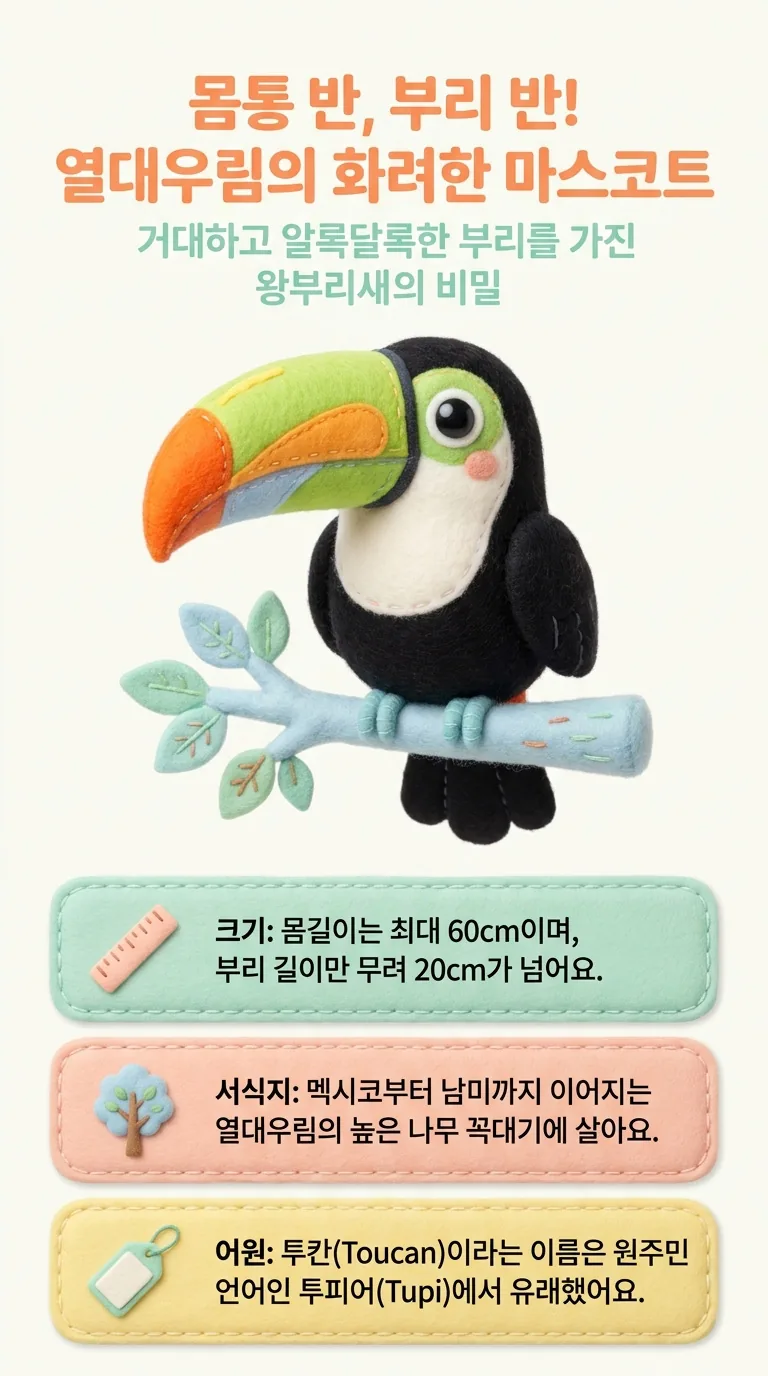 몸통 반, 부리 반! 열대우림의 화려한 마스코트 — 거대하고 알록달록한 부리를 가진 왕부리새의 비밀 — 크기 / 서식지 / 어원