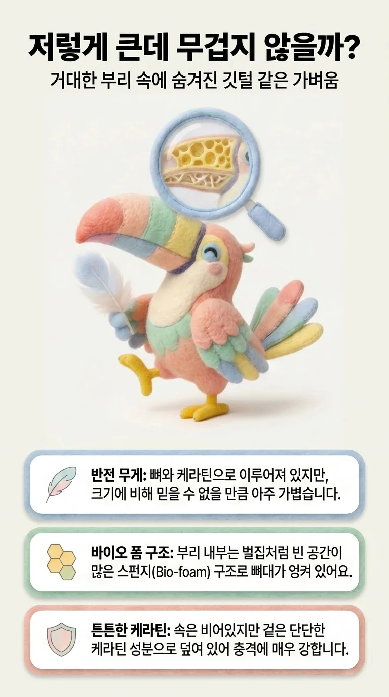저렇게 큰데 무겁지 않을까? — 거대한 부리 속에 숨겨진 깃털 같은 가벼움 — 반전 무게 / 바이오 폼 구조 / 튼튼한 케라틴
