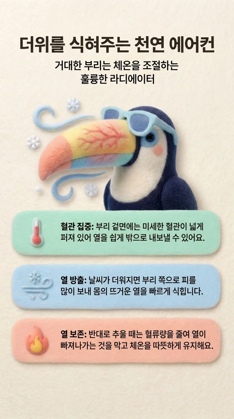 더위를 식혀주는 천연 에어컨 — 거대한 부리는 체온을 조절하는 훌륭한 라디에이터 — 혈관 집중 / 열 방출 / 열 보존