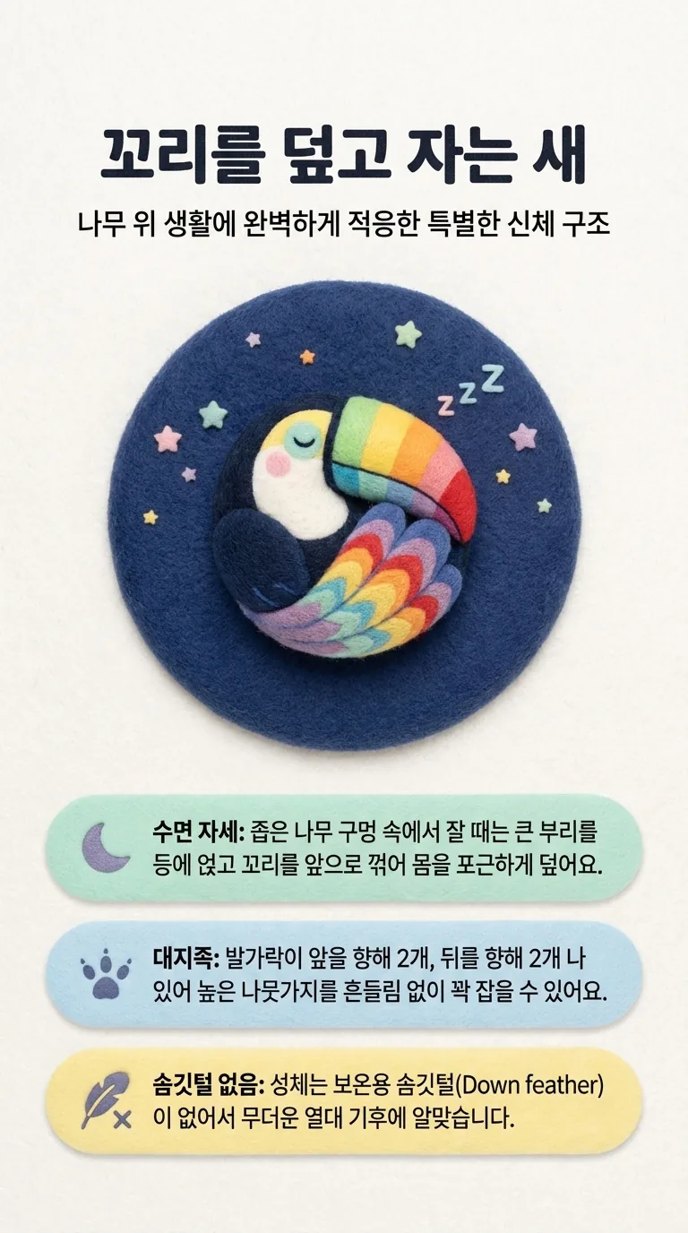 꼬리를 덮고 자는 새 — 나무 위 생활에 완벽하게 적응한 특별한 신체 구조 — 수면 자세 / 대지족 / 솜깃털 없음
