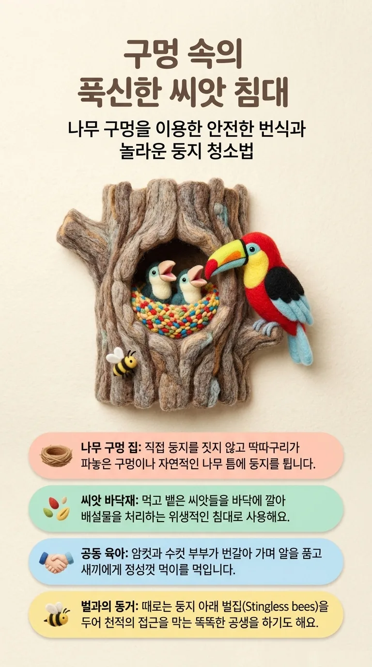 구멍 속의 푹신한 씨앗 침대 — 나무 구멍을 이용한 안전한 번식과 놀라운 둥지 청소법 — 나무 구멍 집 / 씨앗 바닥재 / 공동 육아 / 벌과의 동거